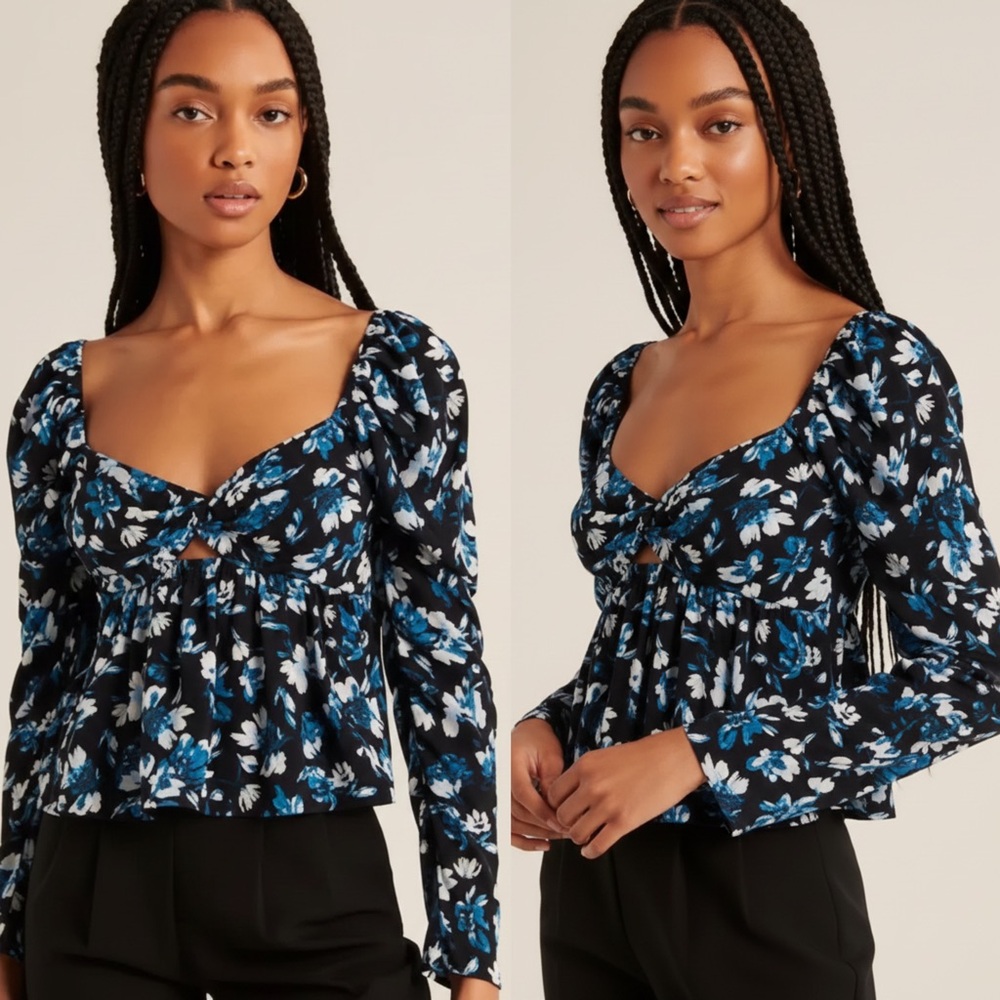 Abercrombie & Fitch Smocked Babydoll Cropped Blouse Black Blue Floral - XS